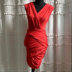 BCBGMAXAZRIA coral red ruched dress
